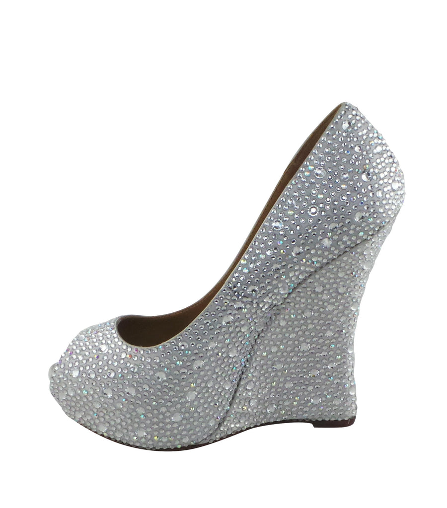 Benjamin Adams Cali Jewel Encrusted Peep Toe Wedges in silver. Perfect for weddings &amp; formal events.