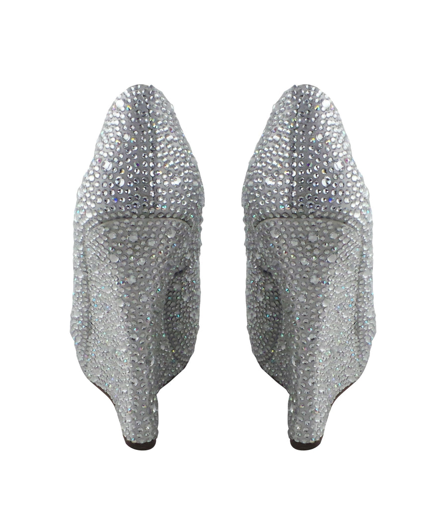 Benjamin Adams Cali Jewel Encrusted Peep Toe Wedges in silver. Perfect for weddings &amp; formal events.