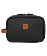 Bric's black leather toiletry bag with brown leather accents, gold-tone double zipper closure, side handle, and 'Made in Italy' logo patch, style code BBJ00601.001.