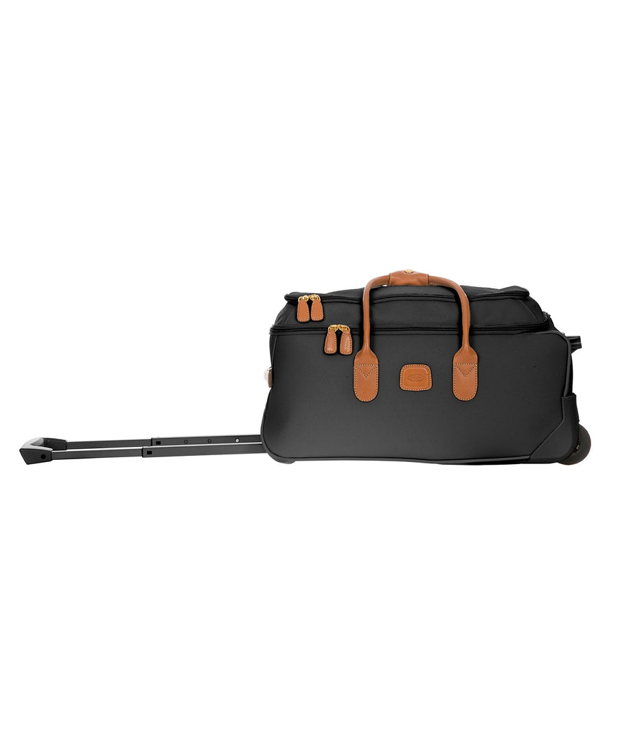 Bric's 21" Firenze rolling duffel bag in black with brown leather handles, gold-tone zippers, and telescopic pull handle, featuring Bric's 'Made in Italy' logo, style code BBJ15220.