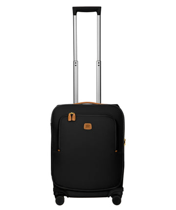 Bric's black 32" Firenze carry-on spinner suitcase with brown leather accents, front zip pocket, gold-tone zippers, telescopic handle, and 360° spinner wheels, style code BBJ15290.001