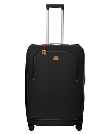 Bric's black 32" Firenze Trolley checked spinner suitcase with brown leather accents, front zip pocket, gold-tone zippers, telescopic handle, and 360° spinner wheels, style code BBJ15291.