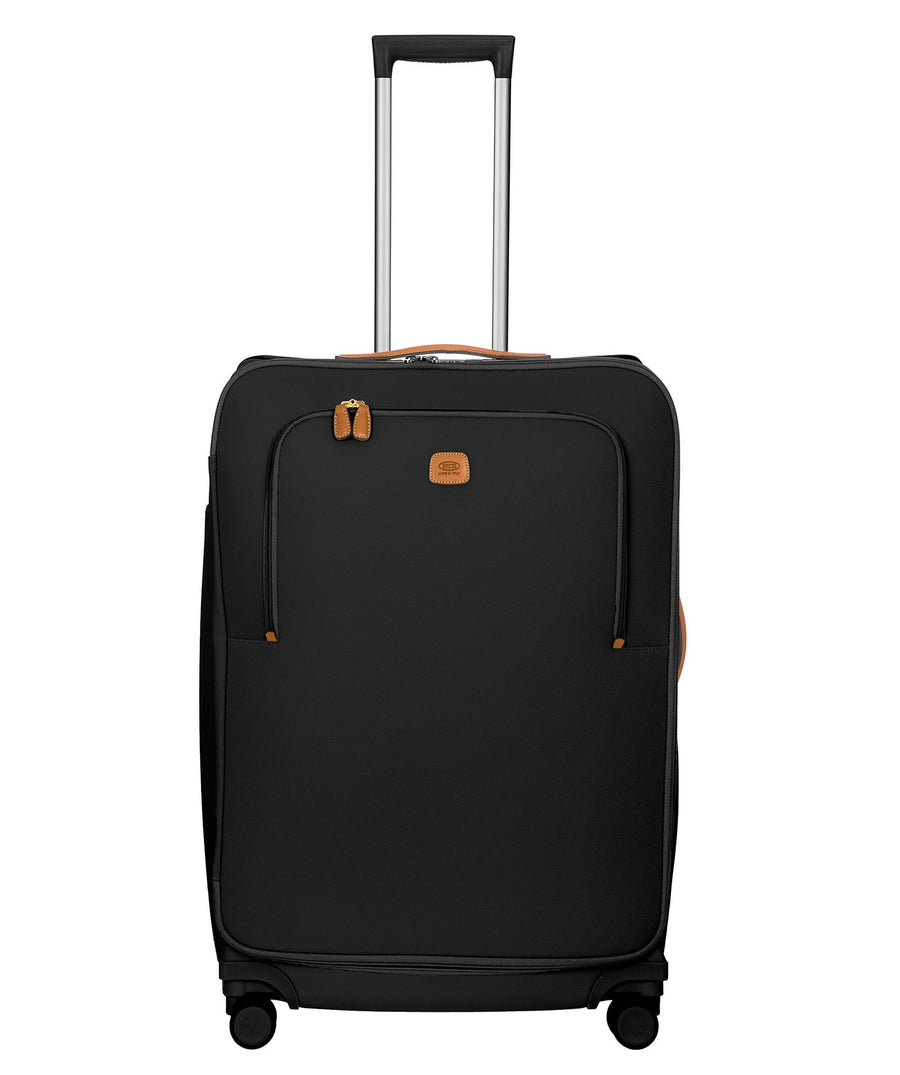 Bric's black 32" Firenze Trolley checked spinner suitcase with brown leather accents, front zip pocket, gold-tone zippers, telescopic handle, and 360° spinner wheels, style code BBJ15291.