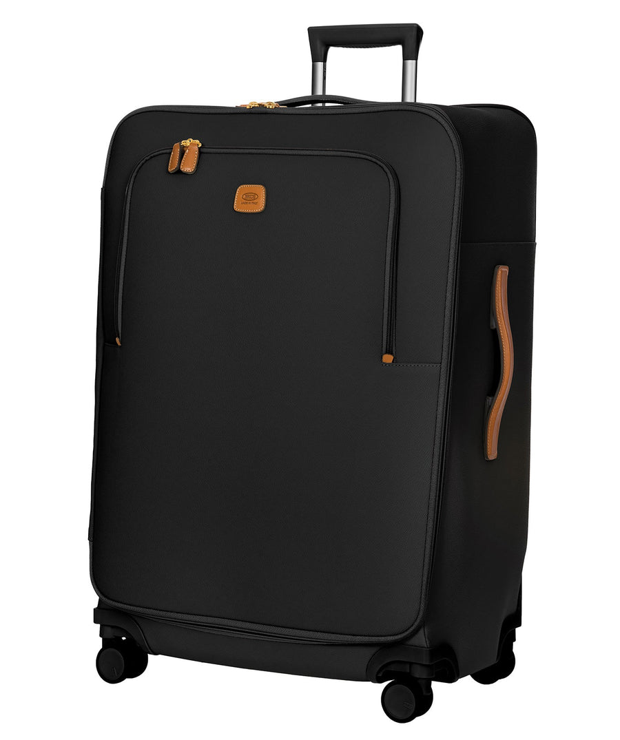 Bric's black 32" Firenze Trolley checked spinner suitcase with brown leather accents, front zip pocket, gold-tone zippers, telescopic handle, and 360° spinner wheels, style code BBJ15291.