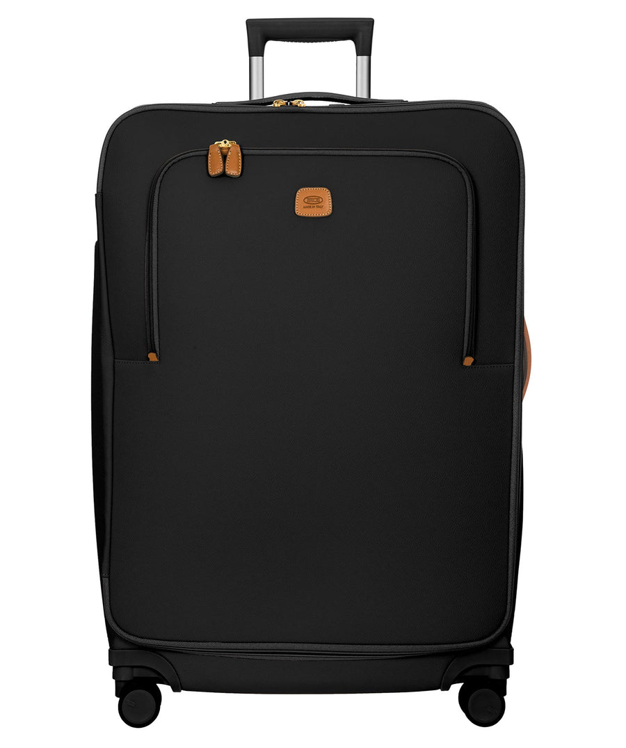 Bric's black 32" Firenze Trolley checked spinner suitcase with brown leather accents, front zip pocket, gold-tone zippers, telescopic handle, and 360° spinner wheels, style code BBJ15291.