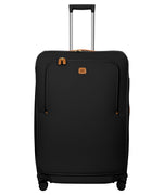 Bric's 32" Firenze Trolley checked spinner suitcase featuring black fabric, brown leather accents, front zip pocket, gold-tone zippers, telescopic handle, 360° spinner wheels, and style code BBJ15292.