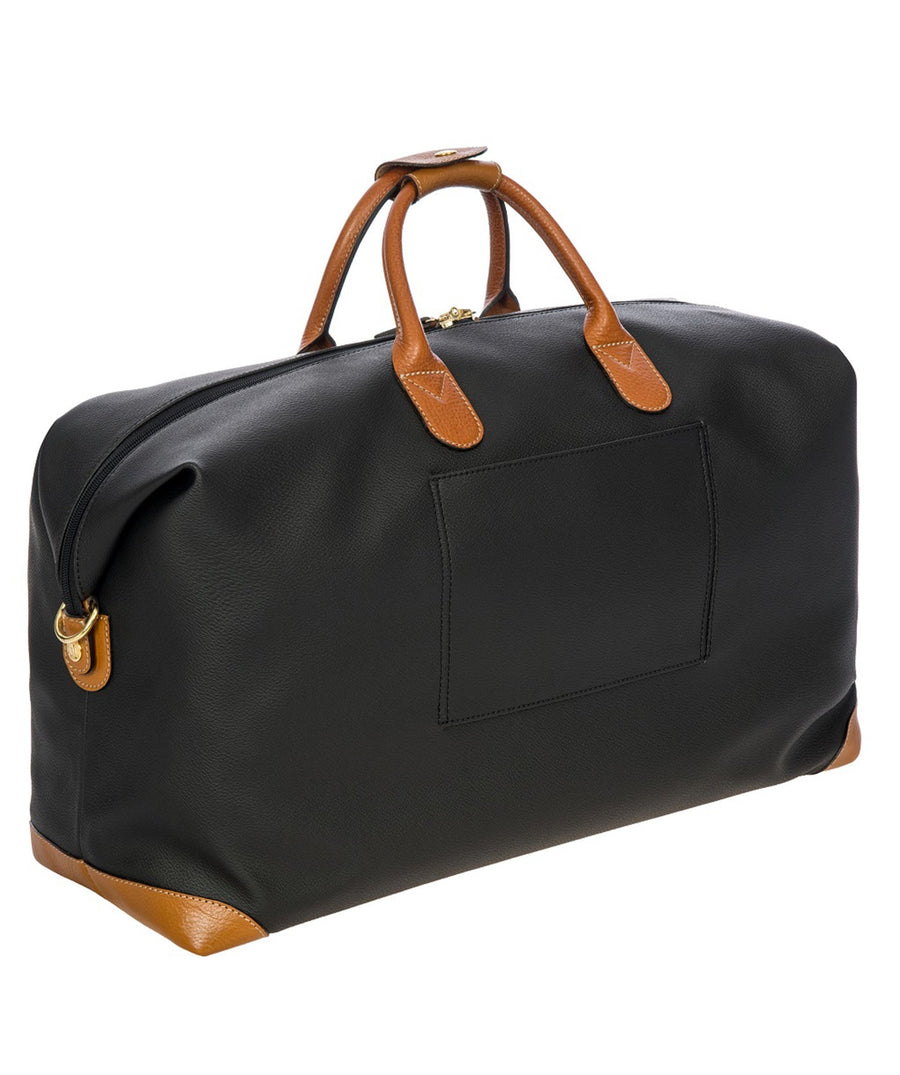 Bric's 22" Firenze Cargo Duffle Bag in black with brown leather accents, featuring double top handles, a front zip pocket, gold-tone zippers, and a spacious interior with logo-printed lining and an inner zip pocket. Style code BBJ20202.