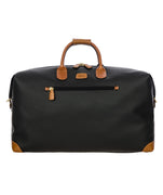 Bric's 22" Firenze Cargo Duffle Bag in black with brown leather accents, featuring double top handles, a front zip pocket, gold-tone zippers, and a spacious interior with logo-printed lining and an inner zip pocket. Style code BBJ20202.