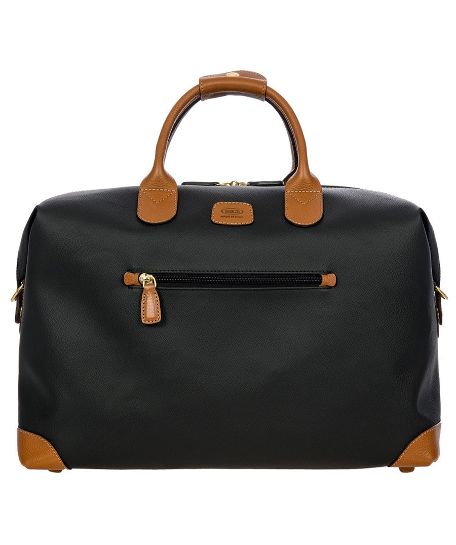 Bric's 18" Firenze Cargo Duffle Bag in black with brown leather accents, featuring double top handles, a front zip pocket, gold-tone zippers, and a spacious interior with logo-printed lining and an inner zip pocket. Style code BBJ20203.