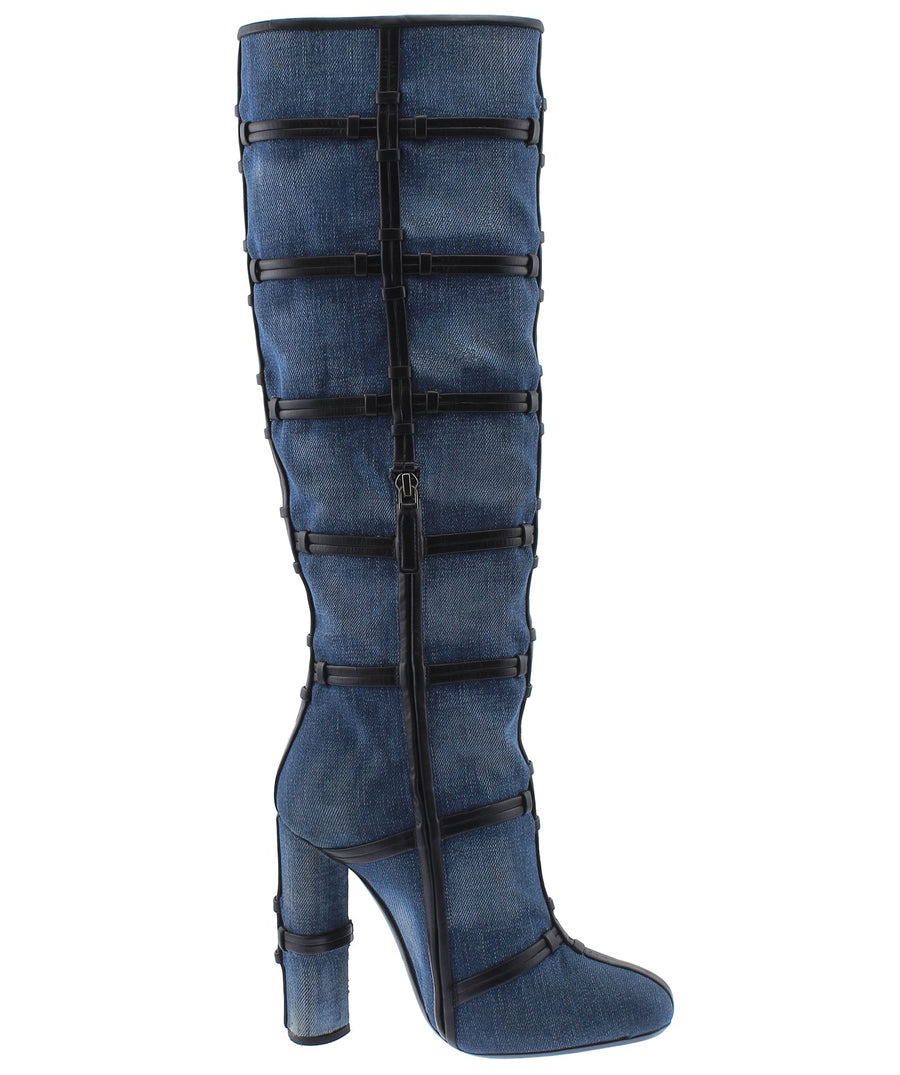 TOM FORD Denim Fabric Leather Trim High Knee Boots W1532T-DEN