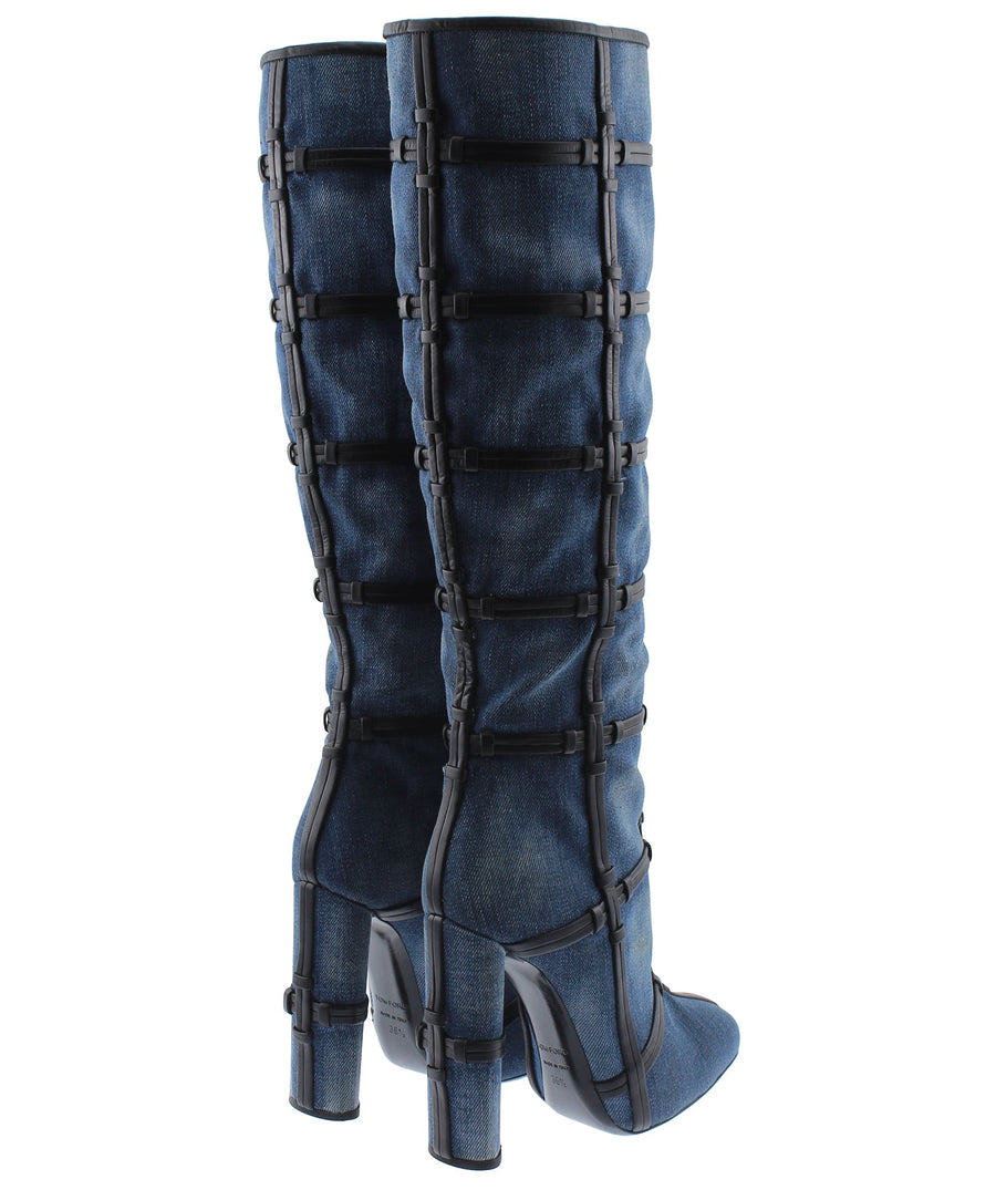 TOM FORD Denim Fabric Leather Trim High Knee Boots W1532T-DEN