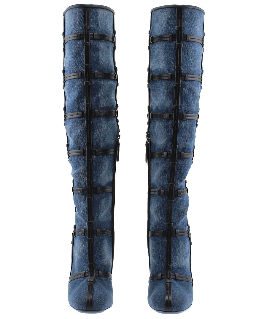 TOM FORD Denim Fabric Leather Trim High Knee Boots W1532T-DEN