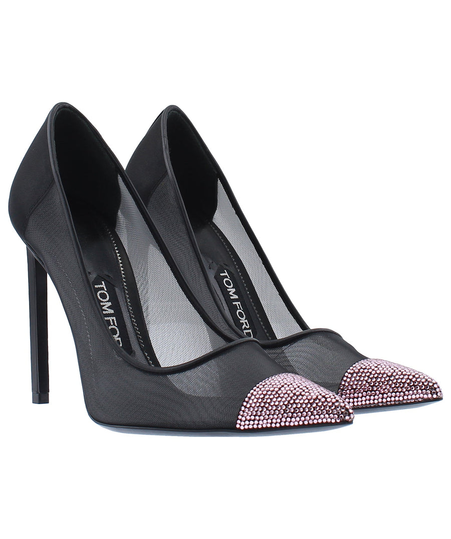 TOM FORD Pointed Mesh Strass Cap Leather Pumps W2245T-CEN