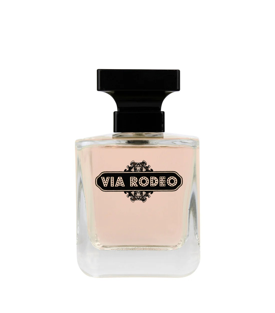 Close-up of Via Rodeo perfume bottle.