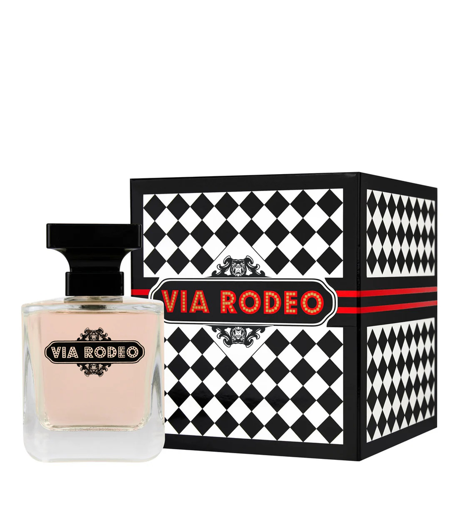 Via Rodeo luxury perfume bottle with black and white packaging.