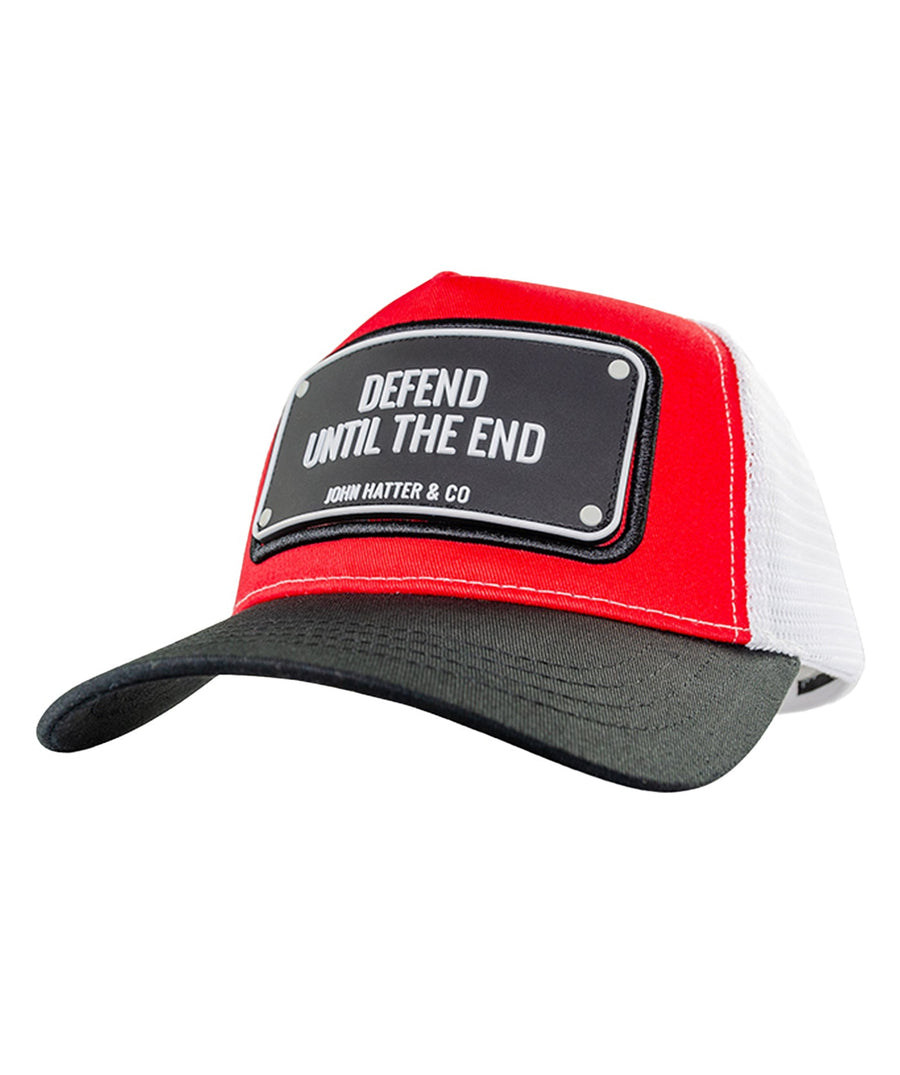 JOHN HATTER & CO Defend Until The End Rubber Edition Cap R-1166-U00 – a bold trucker-style cap featuring a powerful ‘Defend Until The End’ rubber logo on the front