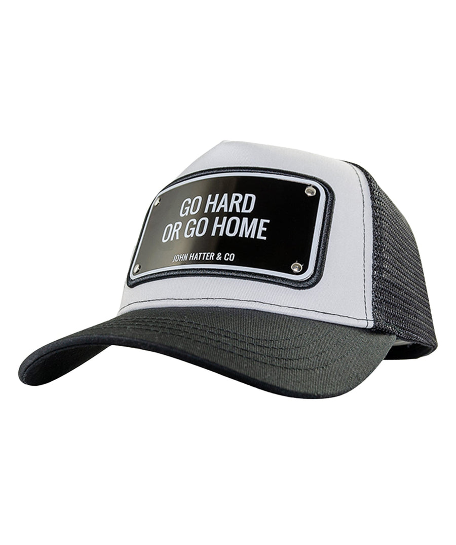 JOHN HATTER & CO Go Hard Or Go Home Aluminum Edition Cap R-1158-U00 – a bold trucker-style cap featuring the empowering ‘Go Hard Or Go Home’ aluminum plate on the front, breathable mesh back.