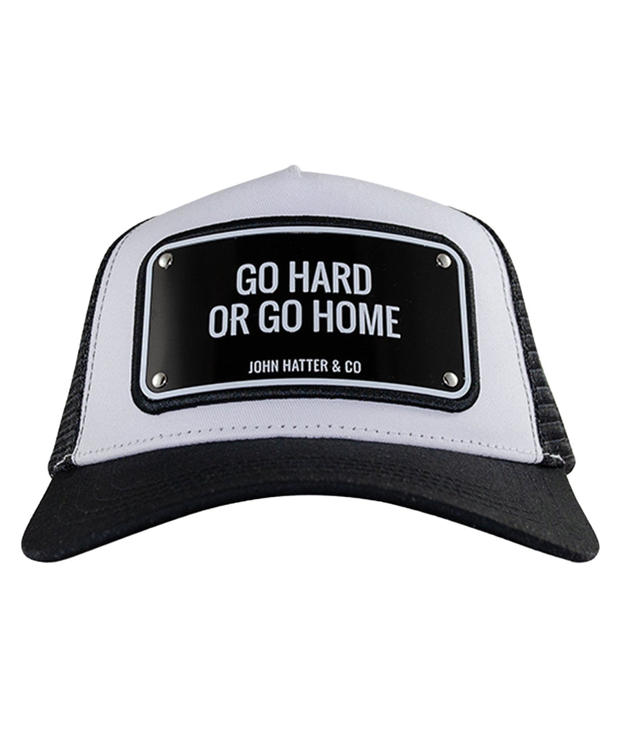 JOHN HATTER & CO Go Hard Or Go Home Aluminum Edition Cap R-1158-U00 – a bold trucker-style cap featuring the empowering ‘Go Hard Or Go Home’ aluminum plate on the front, breathable mesh back.